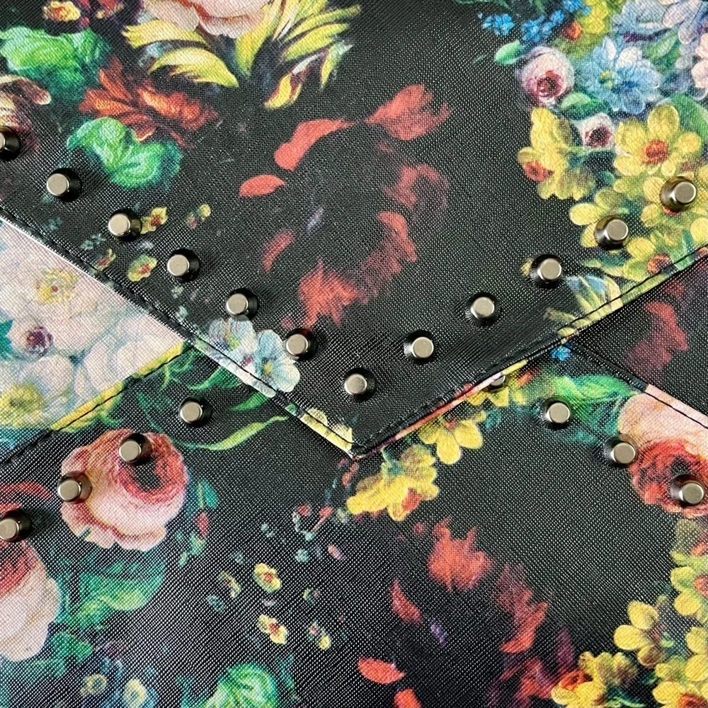 Floral Retro Faux Leather 13 inch Studded Envelope Clutch Detachable Strap